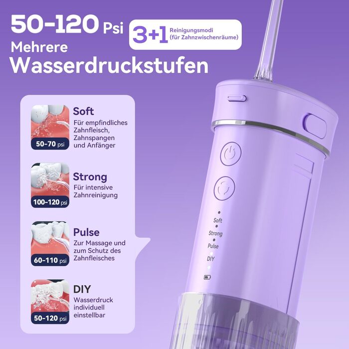 Портативний електричний іригатор для зубів JTF Munddusche Mini - бездротовий, 5 насадок, 4 режими, 230 мл, водонепроникний (фіолетовий)