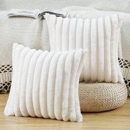 Набір з 2 наволочок для подушок зі штучного хутра, смугасті, пухнасті, м'які, кремово-білі, 45x45 см
