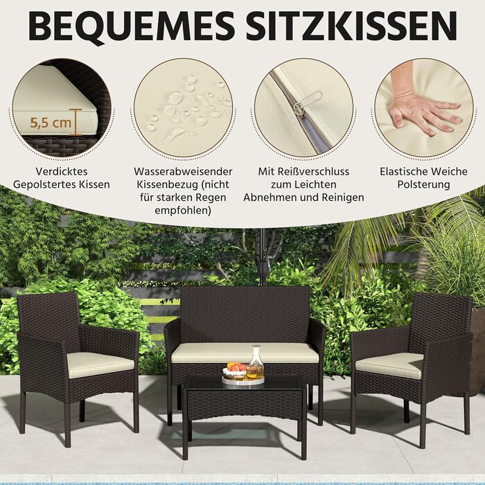 Набір садових меблів Yaheetech на 4 особи: диван, 2 крісла, стіл, подушки. Набір меблів для балкона, тераси, саду. Чорний та сірий (коричневий та бежевий).