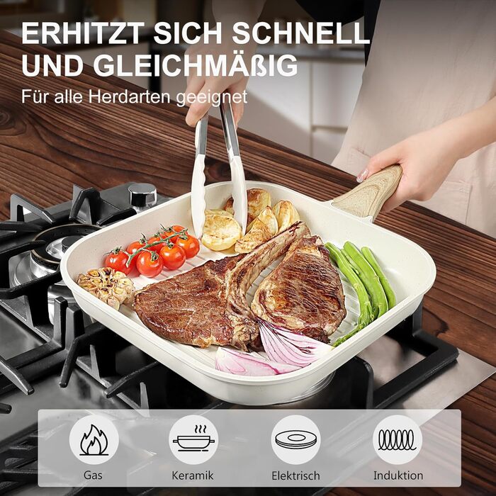 Сковорода-гриль GiPP 28x28 см, для стейків, індукційна, з алюмінію з гранітною антипригарним покриттям, без PFOA, для всіх типів плит, легко миється, біла