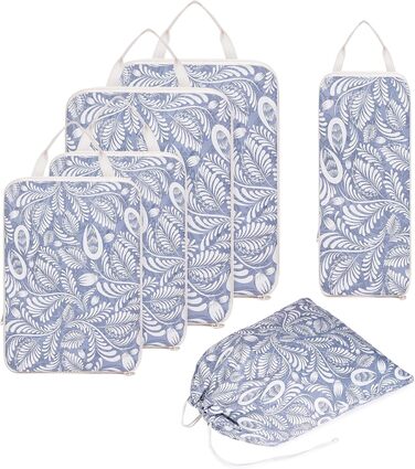 Набір органайзерів для подорожей Narwey з компресією, 6 шт, сумки-пакувальники для валізи та рюкзака (Блакитний листок)