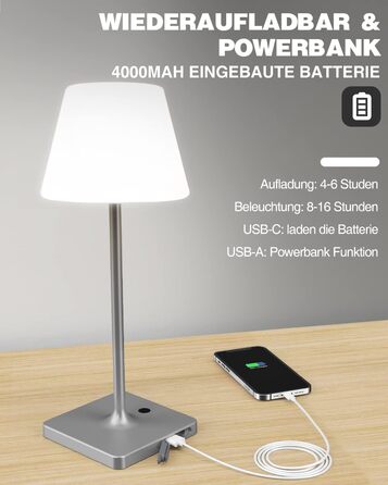 LED настільна лампа Infray з акумулятором, диммування, IP44, для дому та вулиці, 4000mAh, природальний білий (сірий)