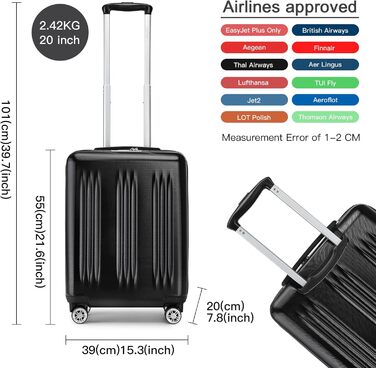 Чемодан KONO Handgepäck Trolley, 55x39x20 см, 37 л, з розширенням, TSA-замок, 4 колеса, чорний