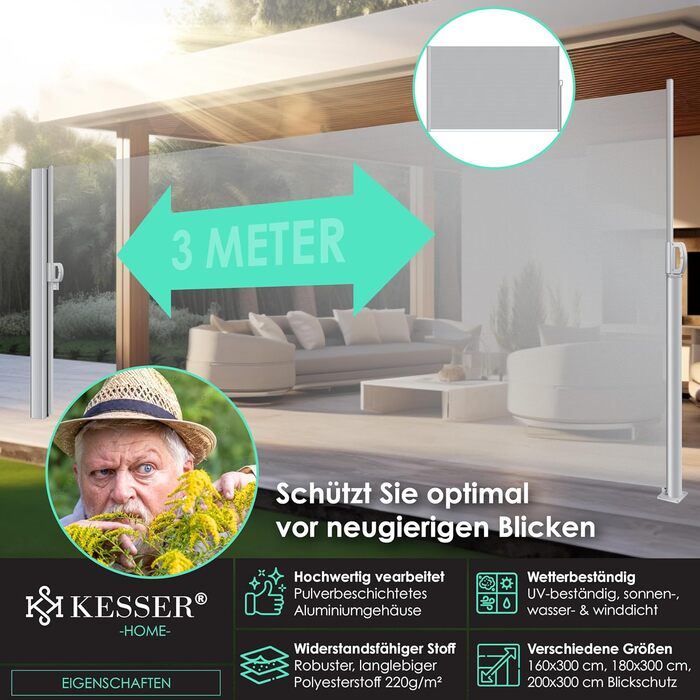 KESSER® алюмінієва висувна бічна маркіза для тераси та балкона, захист від вітру і сторонніх поглядів, автоматичне згортання, з чохлом від дощу, 300x160 см, сіра