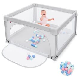 Дитячий манеж GOPLUS з 50 ігровими м'ячами, манеж для малюків і немовлят, міцний намет-манеж з дихаючою сіткою, дорожнє ліжечко з дверцятами та блискавкою, різнокольоровий (120x120 см, сірий) 120x120 см сірий