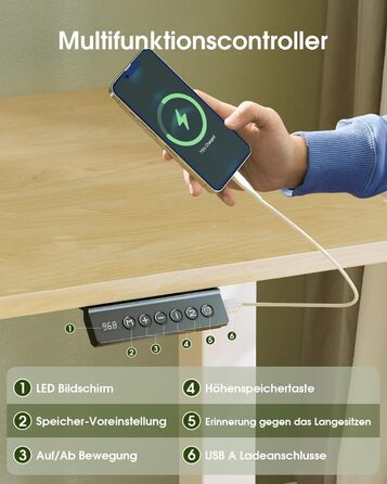 Електричний стіл Flamaker з регулюванням висоти, 160 x 60 см, з пам'яттю, для геймінгу, USB-зарядка (Бежевий)