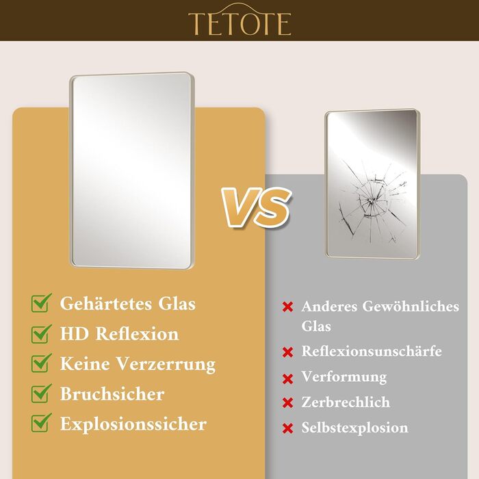 Дзеркало для ванної кімнати TETOTE 40x50 см, прямокутне, з металевим каркасом, з закругленими кутами, скло загартоване