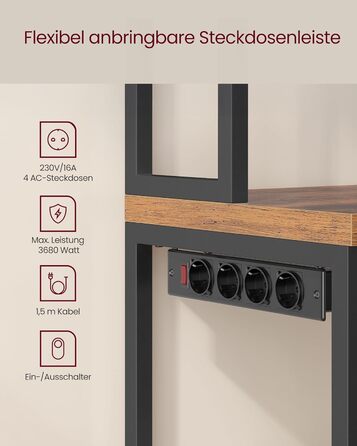 Поличка кухонна VASAGLE з розетками, шафка, стільниця 90 см, напольна полиця з 8 гачками, 40 x 60 x 170 см, вінтажний коричневий + чорний, KKS058K02