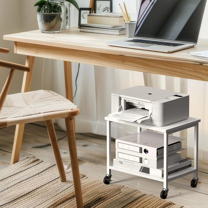 Двоярусний стіл для принтера з роликами Nandae, 30x42x37 см. Підставка для принтера з дерева та металу, мобільний візок з 4 колесами, полиця для зберігання в офіс або вітальню (білий)