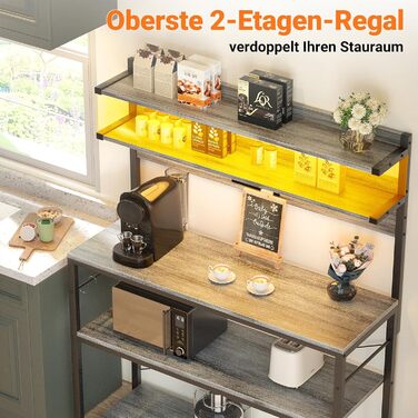 Кухонна полиця-стійка з розеткою, підставка для мікрохвильовки, 5-рівнева кавова станція з LED-підсвіткою, полиця для спецій, каструль та сковороди (80см, Білий дуб)