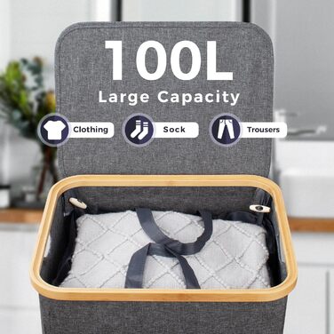 Кошик для білизни Rieeyrslza з кришкою, 158 л, бамбук, 2 мішки, Oxford, складний, сортувальник, для ковдр та одягу (сірий)