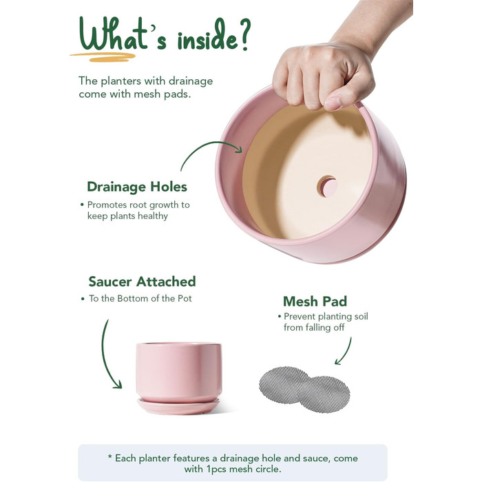 Набір горщиків для квітів LE TAUCI (3 шт.) з кераміки, діаметр 11, 13, 17 см, з підставками та дренажними отворами, реактивна глазур, бежево-рожевий