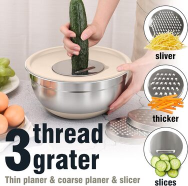 Набір місок для перемішування BEWOS 7 шт. з кришкою, нержавіюча сталь, з терткою, вкладна конструкція, розміри 0.5, 1, 1.4, 1.85, 2.35, 3.2, 4 л для змішування та подачі