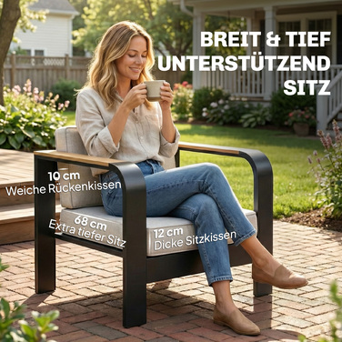 Комплект садово-патіо меблів з алюмінію на 4 особи. Водовідштовхувальний, з глибокими сидіннями, включає двомісний диван, 2 крісла та журнальний столик.