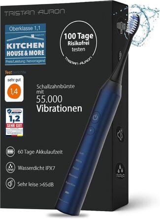Електрична зубна щітка Tristan Auron - 55 000 вібрацій, 5 режимів, 60 днів роботи від акумулятора, компактна та тиха, з 2 насадками, для бережного очищення зубів (Червона) (B - Синя)