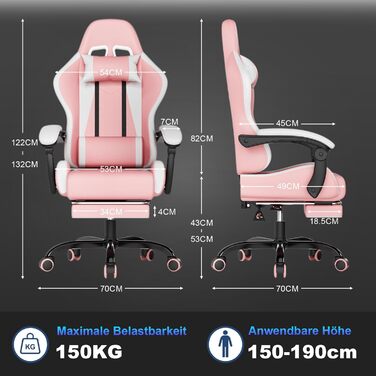 Ігровий крісло JUMMICO з масажем, ергономічний офісний стілець з підголовником, регульована спинка 90-135°, підставка для ніг, витримує до 150 кг (Рожевий, Компактний)