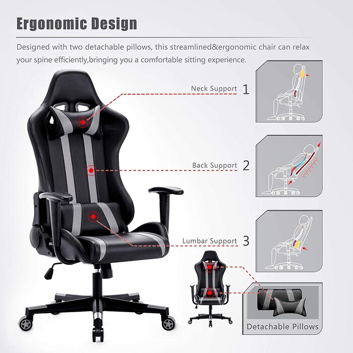 Крісло для інтимного WM Heart Gaming Ergonomic з підголівником, поперековою подушкою, регулюванням висоти, функцією гойдалки (сірий)