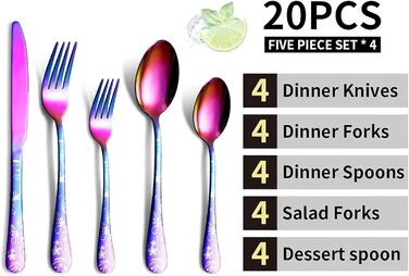 Набір столових приборів на 4 особи, 20 предметів: ніж, виделка, ложка, нержавіюча сталь, дзеркальна поліровка, прилади для миття в посудомийній машині (Райдужний)