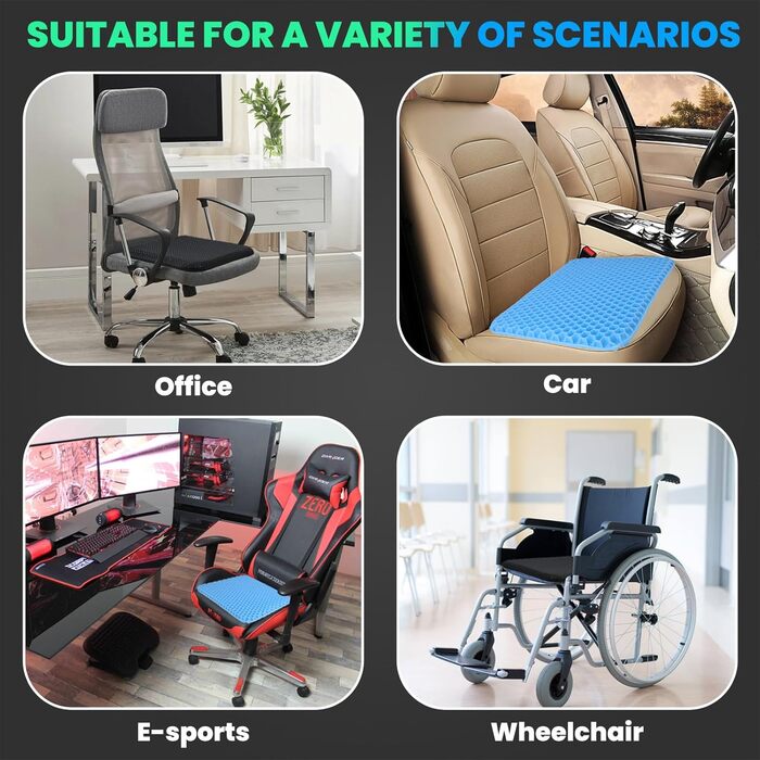 Ортопедична гелева подушка на сидіння для офісного стільця, авто та візка — м'яка, з антиковзаючим чохлом що миється (блакитний, 43x39x4 см)