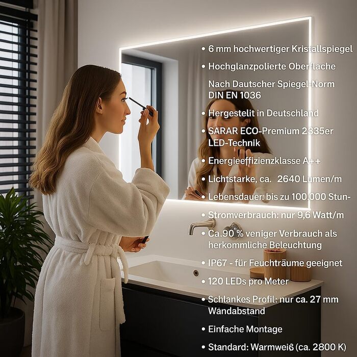 Дзеркало для ванної кімнати Sarar Vittoria з LED-підсвічуванням 80x70 см, Made in Germany