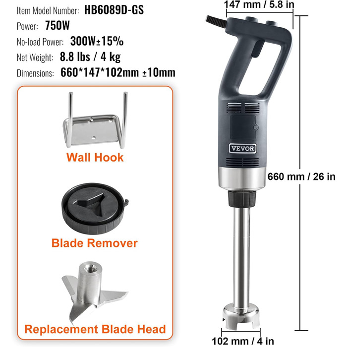 Електричний ручний блендер VEVOR 500 Вт, високопродуктивний ручний блендер з регулюванням 4000-18000 об/хв, багатоцільовий ручний блендер з нержавіючої сталі 855 мм Знімний стрижень для перемішування, включаючи настінний гачок і запасну головку леза (750 