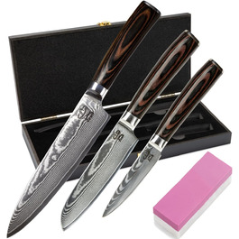 Набір кухонних ножів Дамаск 3 шт. (32, 24, 20 см) з каменем для заточування, дерев'яною ручкою, захистом леза та подарунковою коробкою. Перевірено TÜV, 62 HRC, сталь Дамаск з 67 шарів.