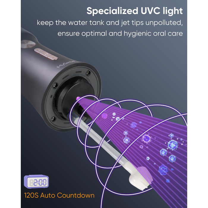 MySmile LP221: Бездротовий ірigator для зубів з UVC стерилізацією, 335 мл, OLED-дисплей, 4 режими, 8 насадок, для дому та подорожей, чорний