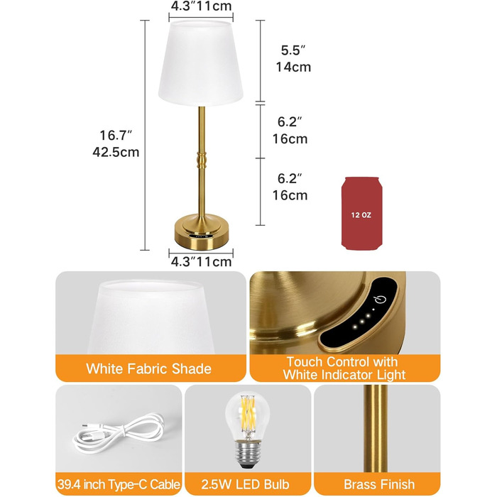 OUTON Настільна лампа бездротова, 2 шт. – диммування, 3 кольори світла, 4000mAh, USB-C, 60 год роботи, золота для спальні, вітальні, їдальні