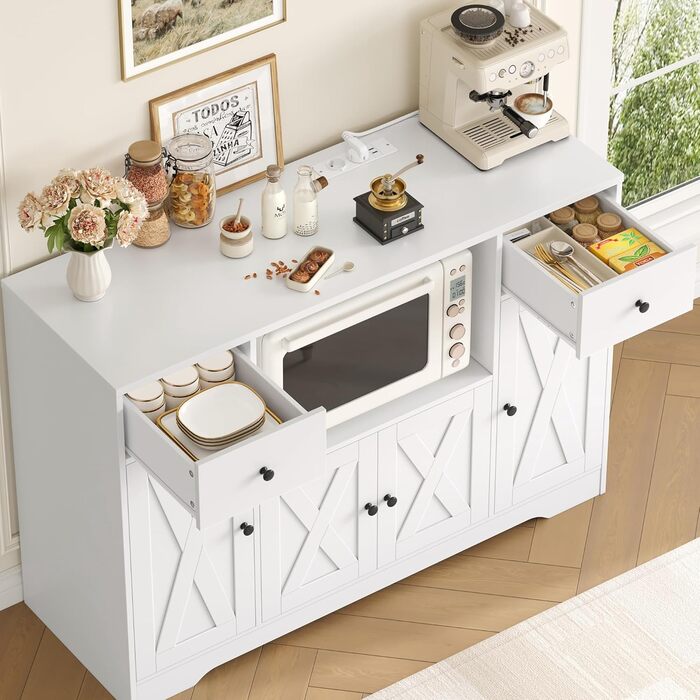 Білий комод для кухні HOCSOK 120 см з полицями, мікрохвильовою печиркою та розеткою. Комод для кухні, вітальні, їдальні (120x85x40 см)