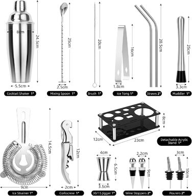 Набір для коктейлів Cinnani 750 мл зі стійкою, 15 предметів, нержавіюча сталь - професійний набір бармена для приготування коктейлів, подарунковий комплект