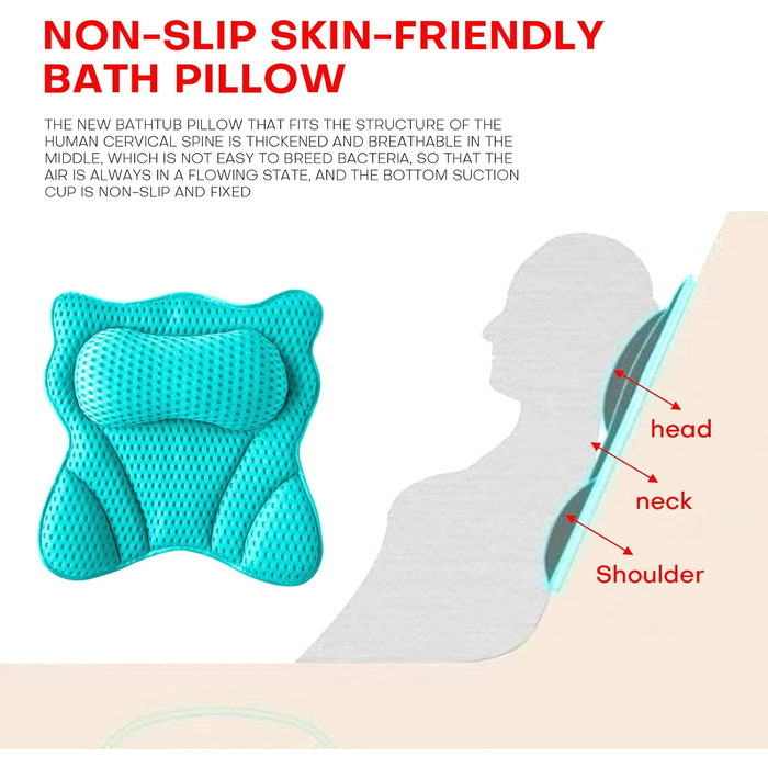 Подушка для ванни 4D Luxus, для голови, шиї, плечей та спини, ергономічна, з 6 присосками, для джакузі та домашнього спа (Зелена)