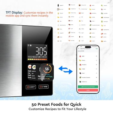 Розумна кухонна вага з підрахунком калорій та Bluetooth: відстежує 20 поживних речовин, точність 1 г, функція тари, для схуднення, фітнесу та підготовки їжі