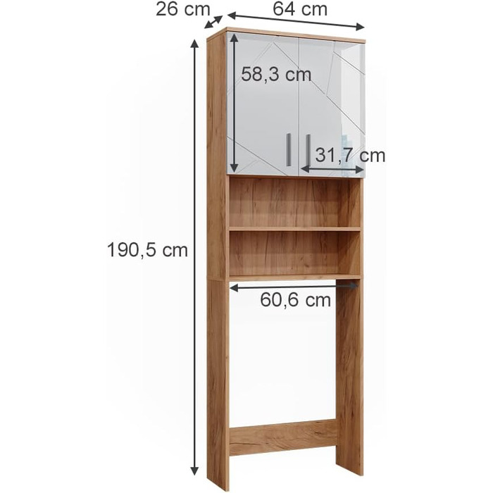 Шафа для пральної машини Vicco Irma, білий глянець/дуб, 64x190,5 см, ванна шафа над пральною машиною