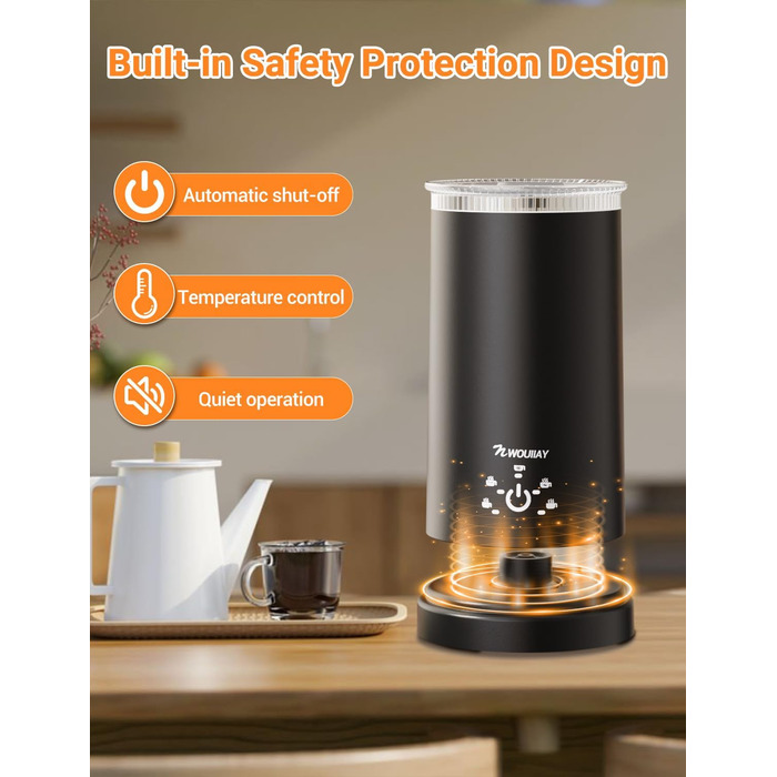 Електричний спінювач молока 5-в-1 600W з антипригарним покриттям. Підходить для приготування гарячого та холодного молочного пін, какао, лате, капучино. Чорний.