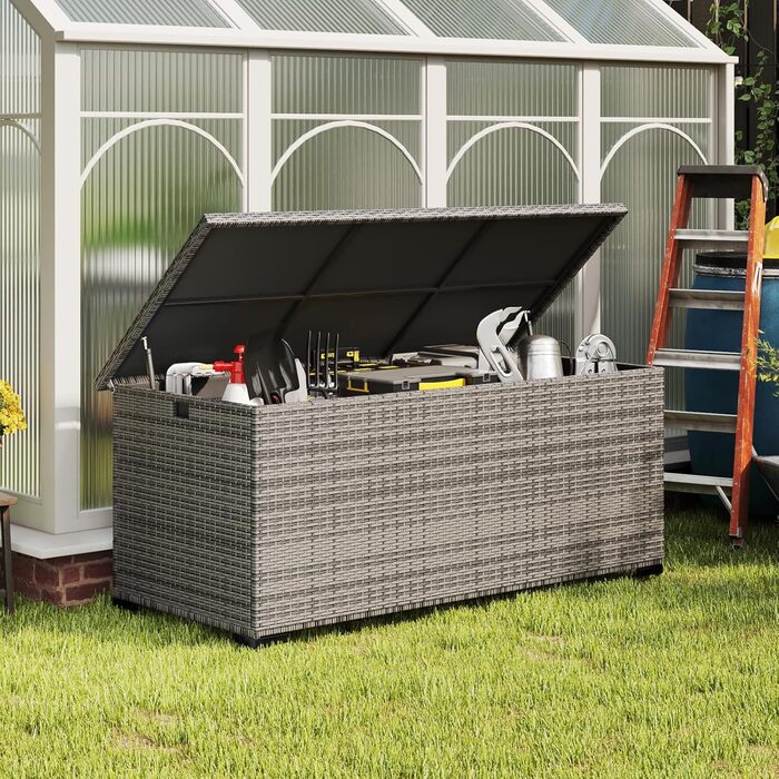 Водонепроникний садовий ящик Amopatio Gartenbox 650л з поліротангу, сірий. Ящик для подушок, металева коробка для зберігання з газліфтами для саду, балкону