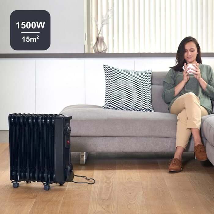 Масляний радіатор BLACK+DECKER BXRA1500E, 1500W, 2 режими нагріву, 6 рівнів, чорний