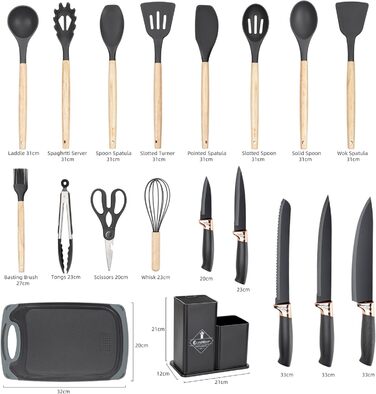 Набір кухонних ножів EliteHoff 19 предметів: 5 ножів, 12 аксесуарів, дошка та підставка. Силіконові кухонні аксесуари з дерев'яними ручками, безпечні для харчових продуктів, придатні для миття в посудомийній машині, чорного кольору (E-6069)