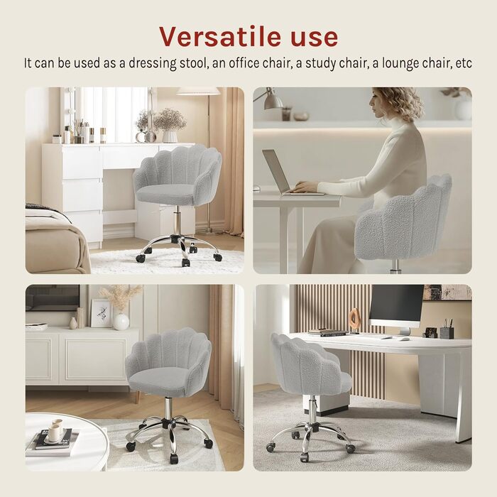 Крісло WOLTU для офісу та дому, крісло до туалетного столика з підлокітниками у вигляді пелюсток, поворотне з роликами, регульоване по висоті, для робочого кабінету, спальні (Світло-сірий, кашеміровий матеріал)