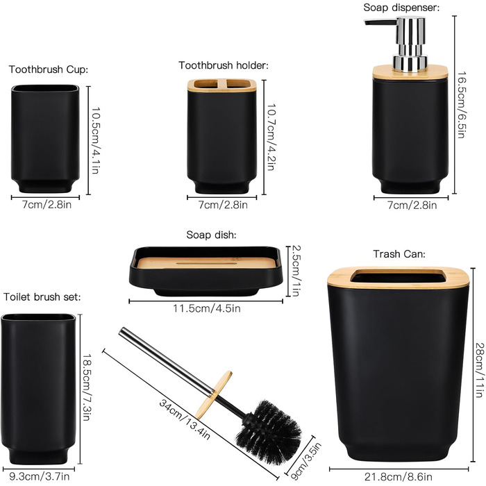 Набір аксесуарів для ванної кімнати JOTOM 6 шт. з бамбука, чорний: мильниця, дозатор мила, тримач для зубних щіток, стакан, сміттєве відро