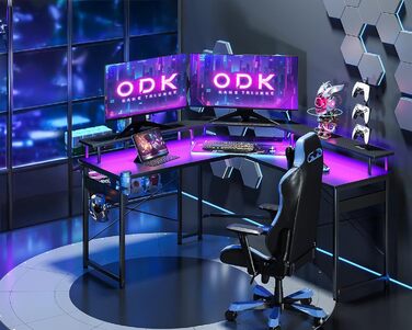 Ігровий стіл ODK 129x129 см з LED підсвічуванням, 2 розетки та USB зарядкою, стіл для ПК, комп'ютерний стіл, колір: чорний вуглеволокно