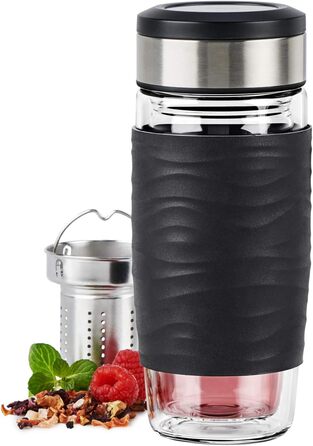 Чайний горнятко Emsa N20805 Teebecher з подвійними стінками, 0.4 л, знімний фільтр, BPA-Free, герметичне, для миття в посудомийній машині, 360° відкривання (Чорний)