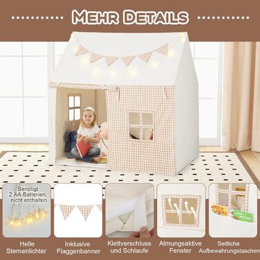 Дитяче намет-будиночок COSTWAY з килимком та світлом, з прапором та вікнами, для хлопчиків та дівчаток від 3 років (Бежевий)