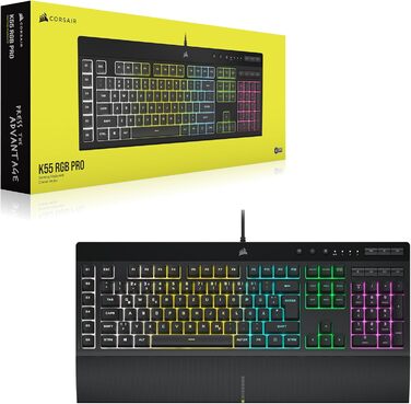 Клавіатура Corsair K55 RGB PRO, провідна, мембранна, QWERTZ DE, чорна, IP42, 6 макро-клавіші, сумісна з iCUE, для PC, Mac, Xbox