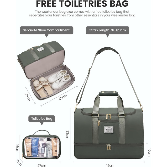 Спортивна сумка LOVEVOOK для жінок: дорожня сумка, weekender, з косметичкою, відділенням для взуття та мокрих речей, водонепроникна пляжна/басейнова/сауна сумка, ручна поклажа для подорожей, зелена