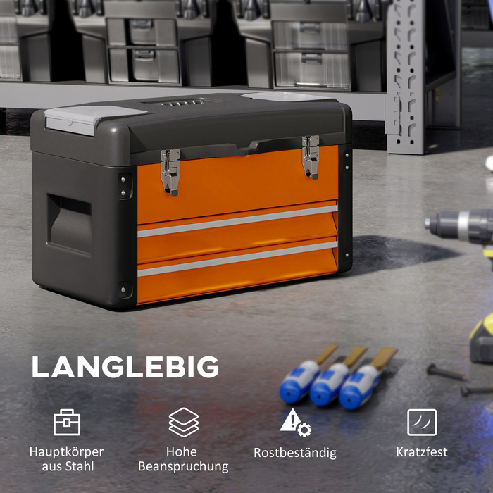 Набір інструментів порожній, 49,7 x 25,3 x 28,9 см. Ящик для інструментів з висувною шухлядою, міні-бокс зі сталі, помаранчевий.