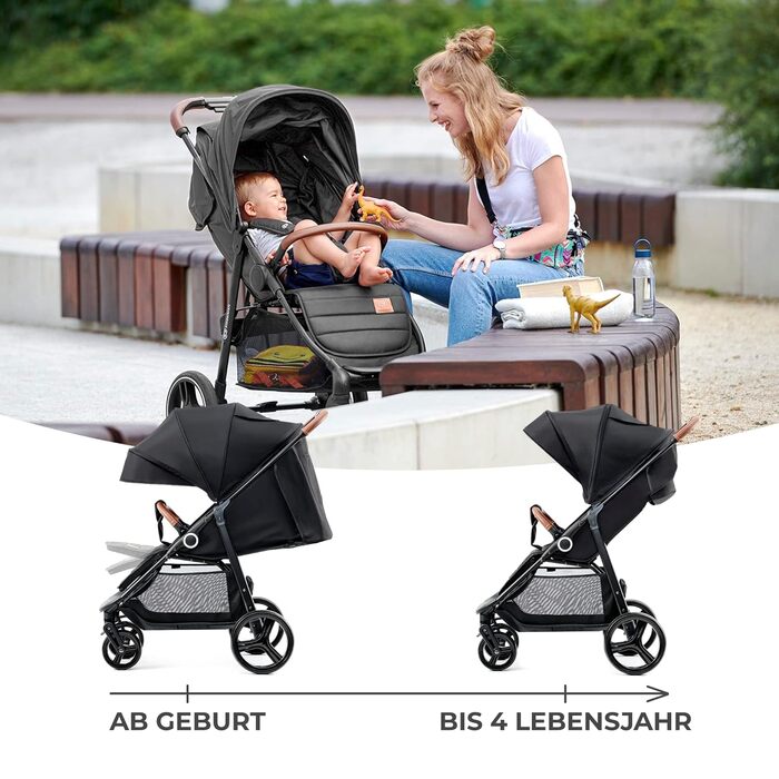 Дитяча коляска Kinderkraft Grande Plus, сіра, від народження до 22 кг, складається однією рукою, регульована спинка, великий капюшон з віконцем, амортизація всіх коліс