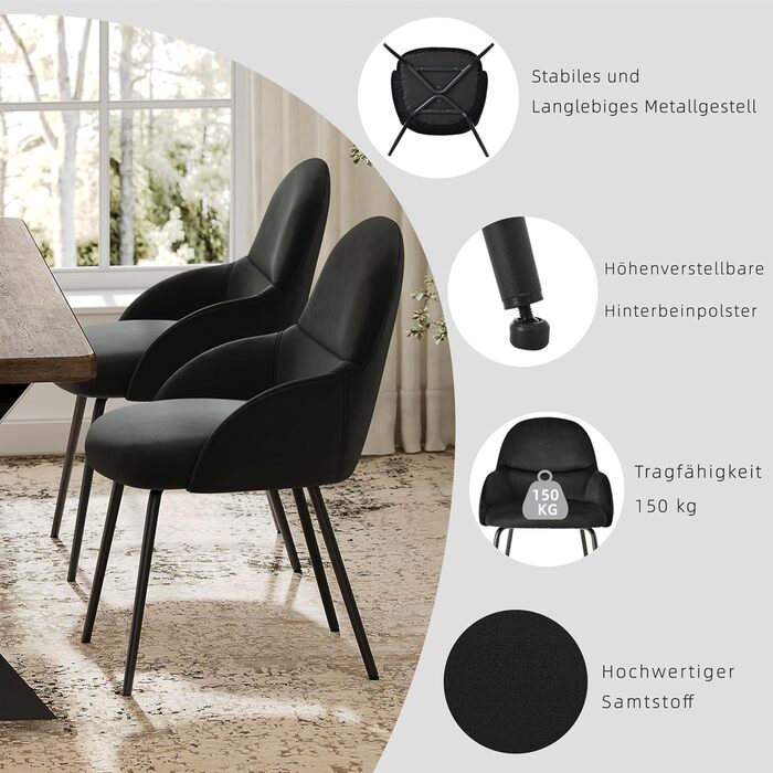 Набір обідніх стільців з підлокітниками – 4 шт. Ергономічні м'які стільці з тканинним покриттям та металевими ніжками для кухні, вітальні, їдальні, бежевий/чорний (велюр)