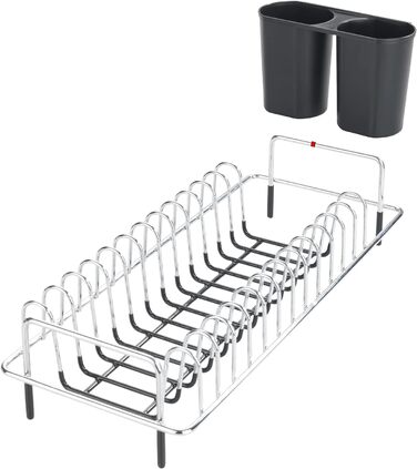 Сушарка для посуду WENKO одинарна, компактна, піддон для крапель, знімний кошик для столових приборів, металева рама, 40x10x18см, чорний/сріблястий