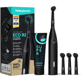 Електрична зубна щітка Happybrush Eco R2 - екологічна, з ротаційним механізмом, чорна, з 3 насадками та пастою. Рекомендовано експертами.