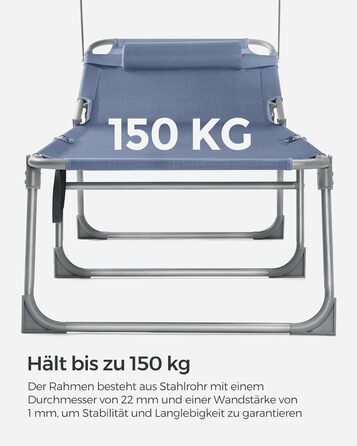 Лежак для відпочинку SONGMICS, розкладний, 193 x 53 x 29 см, до 150 кг, з підголовником, регульована спинка, для саду, басейну, тераси (Блакитний)